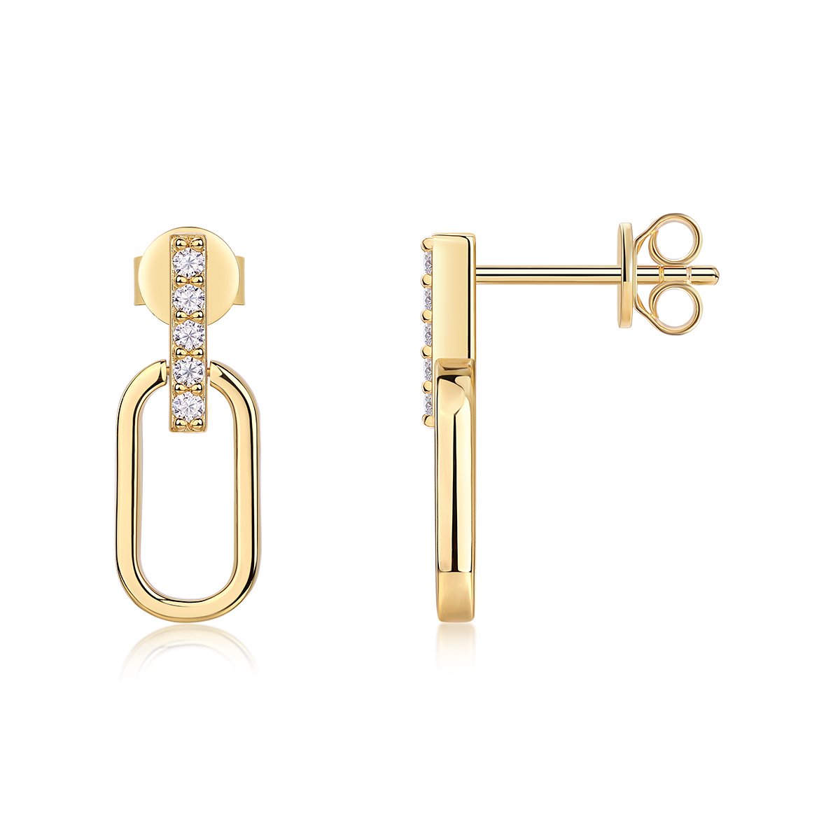 Moissanite Oval Link Drop Earrings | 18K Gold Pave Bar in 925 Silver - Image 2