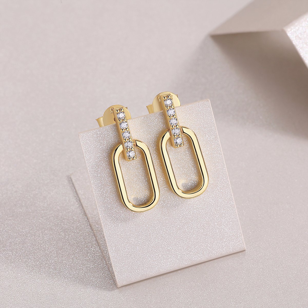 Moissanite Oval Link Drop Earrings | 18K Gold Pave Bar in 925 Silver - Image 3