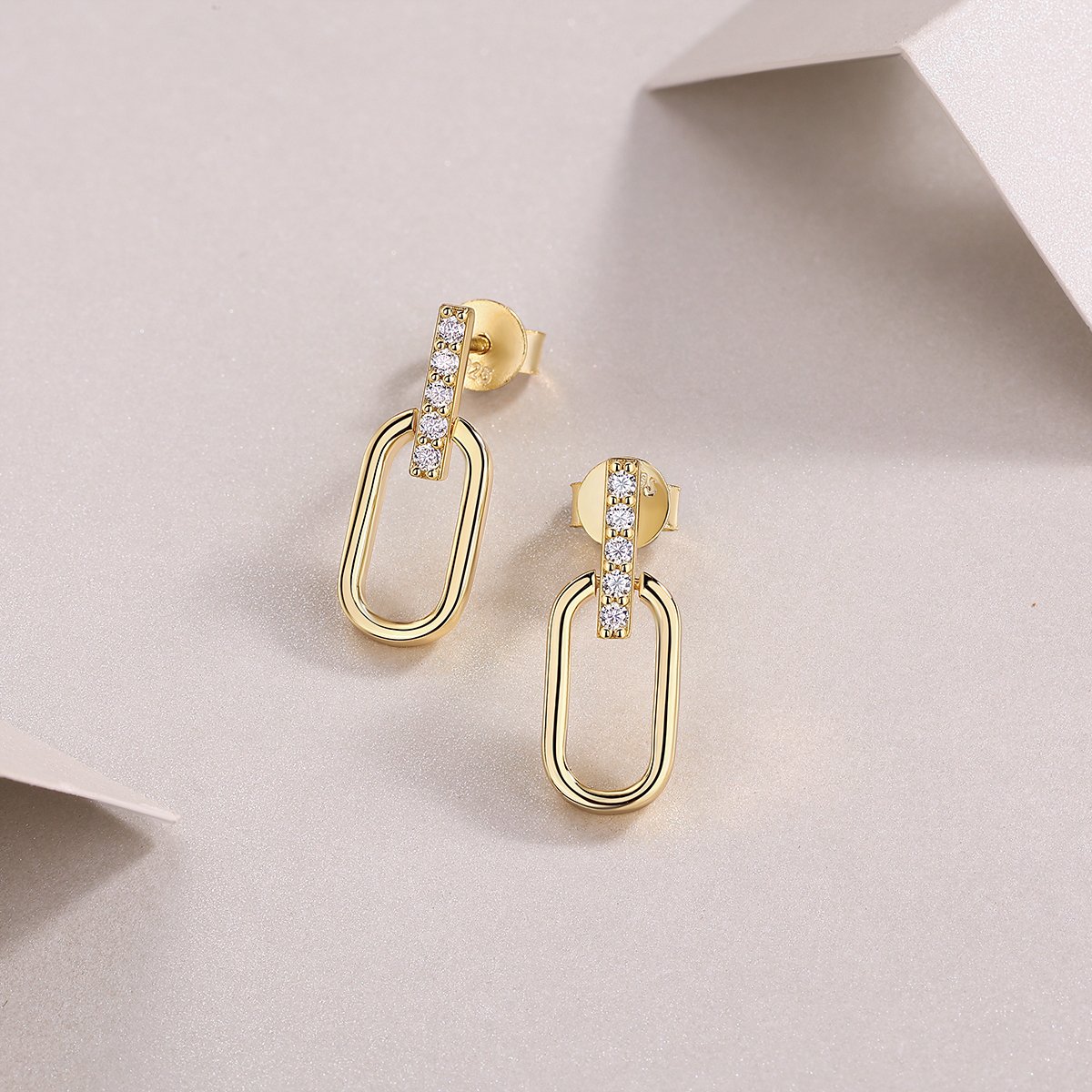 Moissanite Oval Link Drop Earrings | 18K Gold Pave Bar in 925 Silver - Image 4
