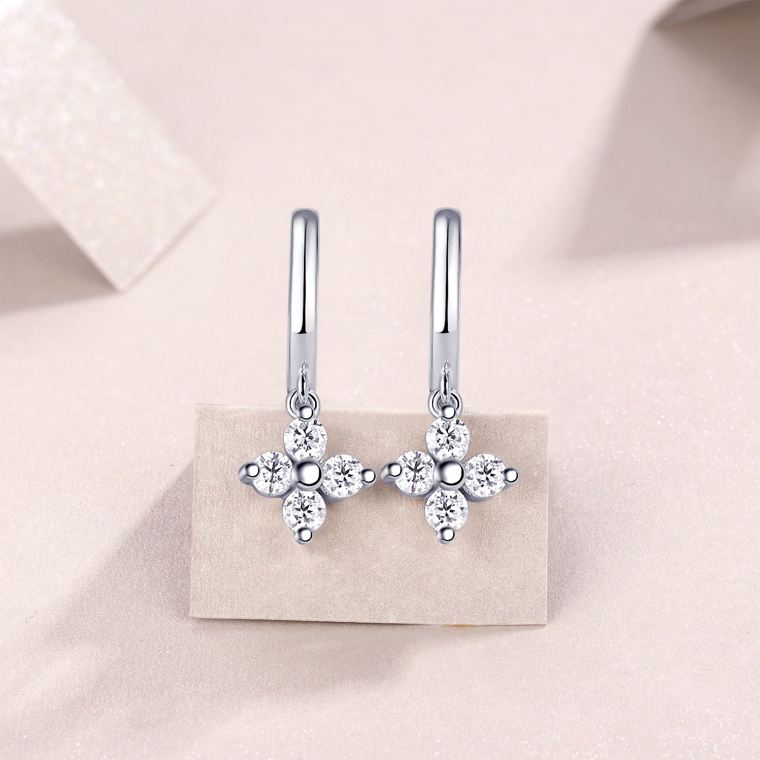 Moissanite Four-Petal Flower Huggie Drop Earrings - Image 3