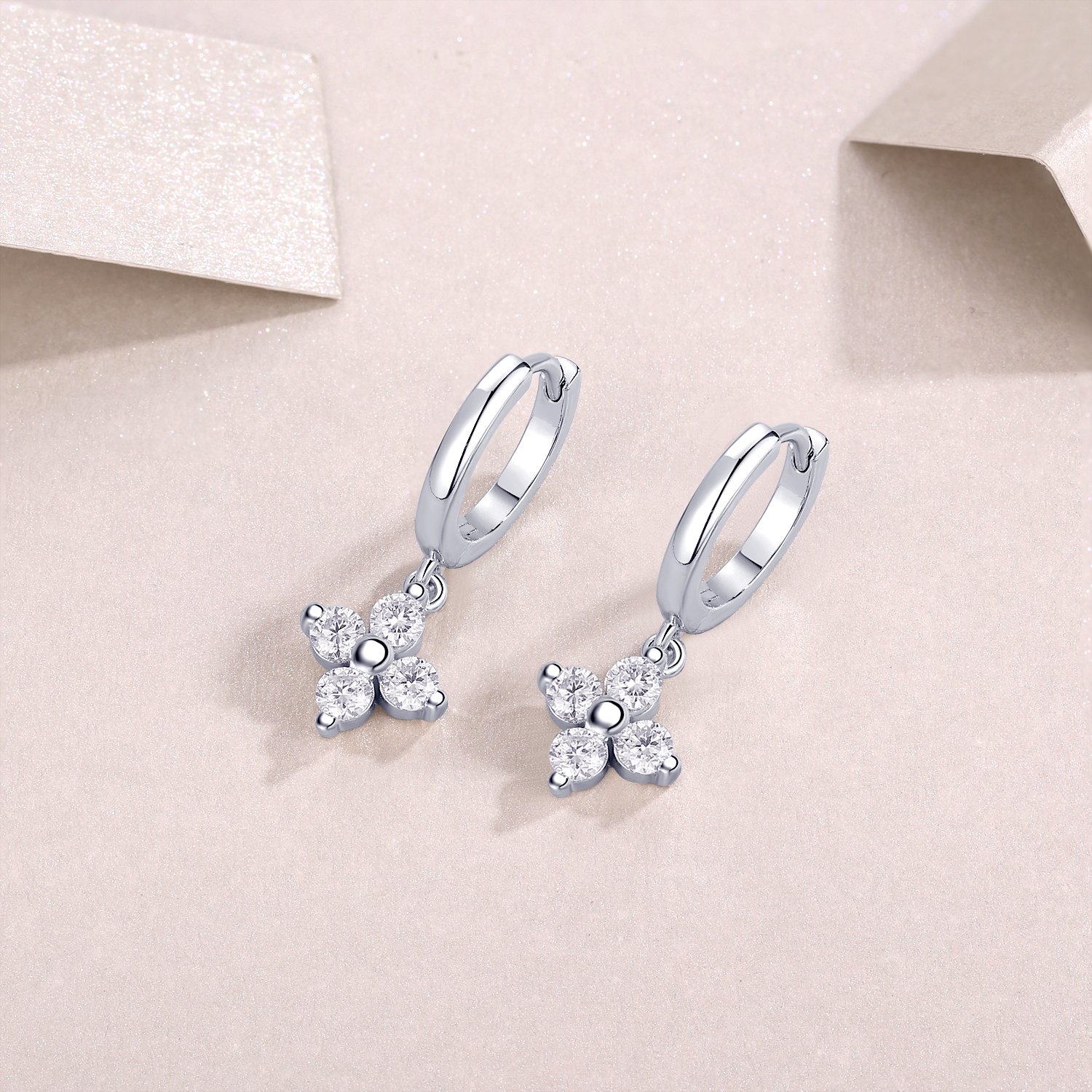 Moissanite Four-Petal Flower Huggie Drop Earrings - Image 4