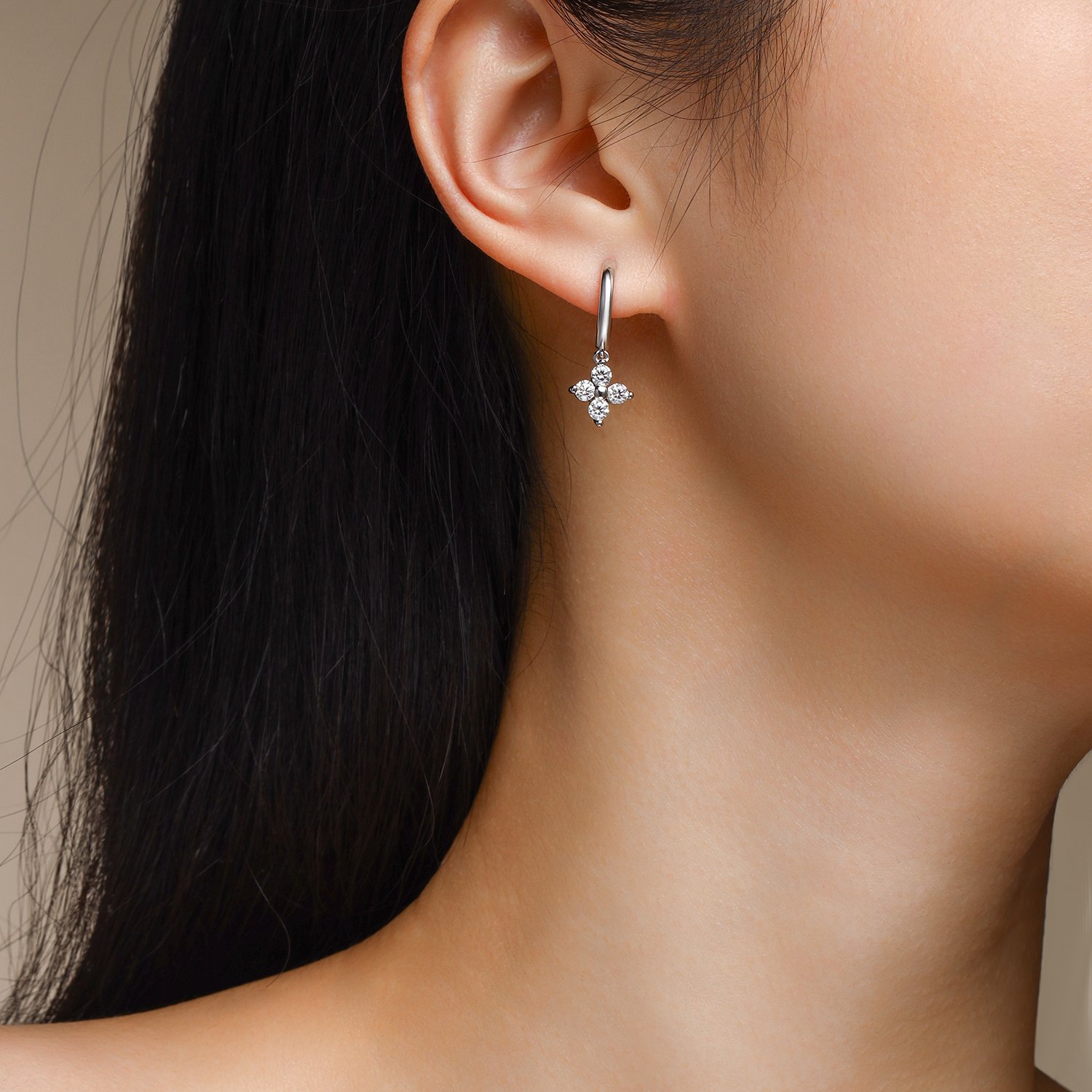 Moissanite Four-Petal Flower Huggie Drop Earrings - Image 5