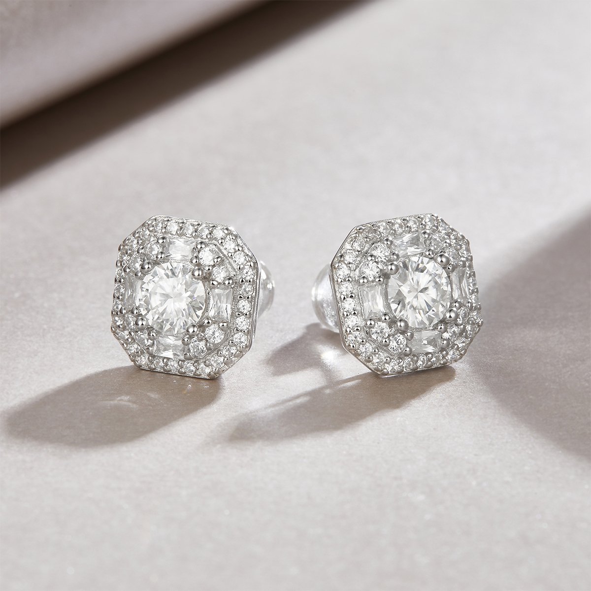 Moissanite Cushion Double Halo Stud Earrings - Image 3