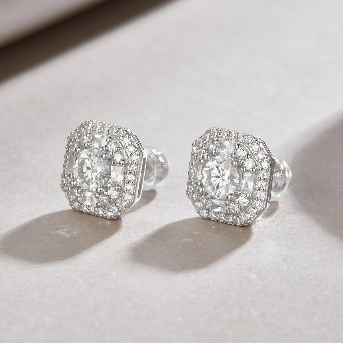 Moissanite Cushion Double Halo Stud Earrings - Image 4