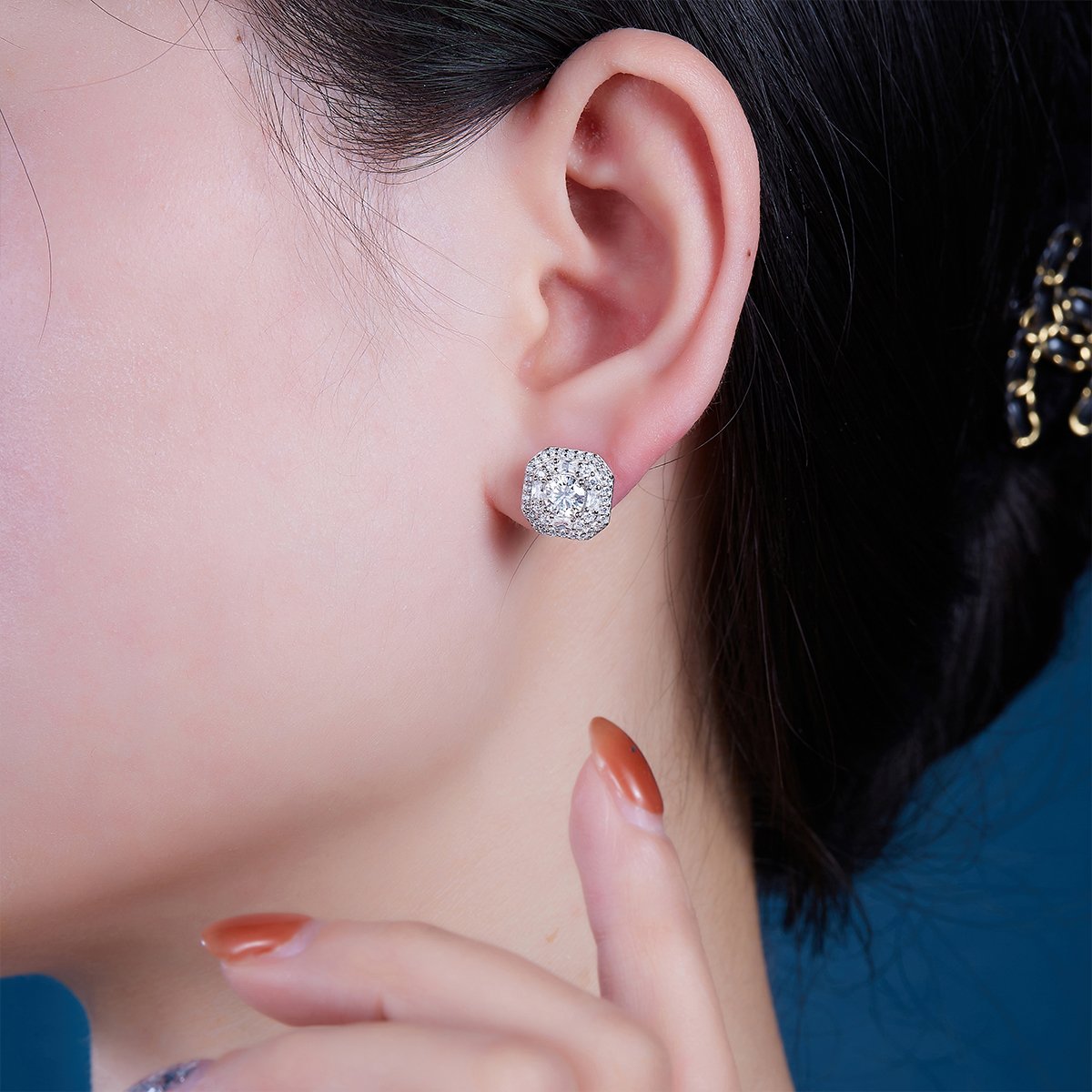 Moissanite Cushion Double Halo Stud Earrings - Image 5
