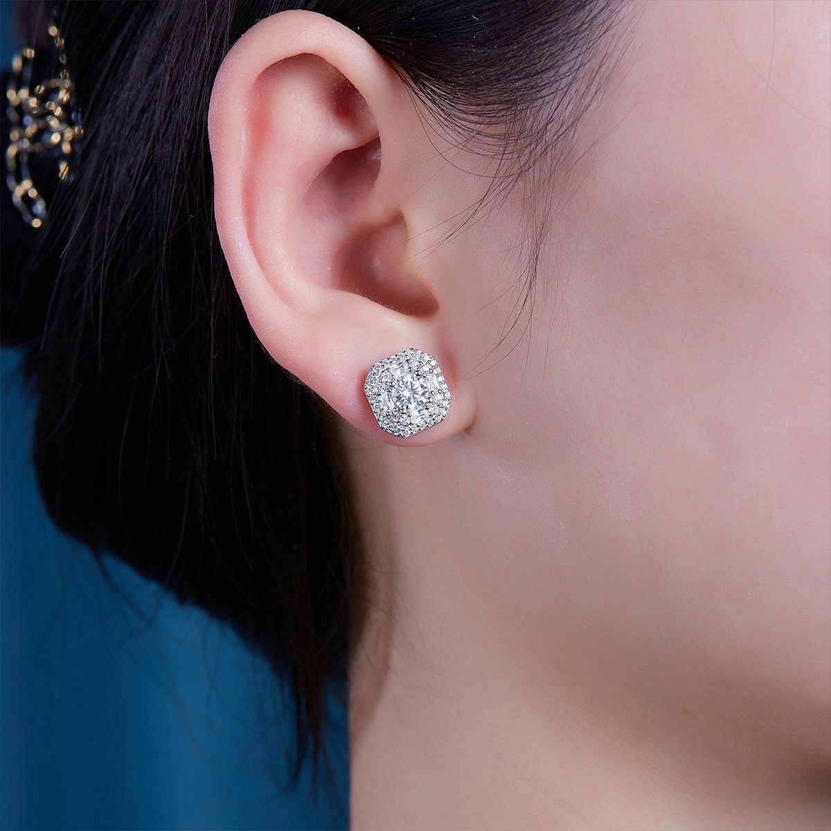 Moissanite Cushion Double Halo Stud Earrings - Image 6