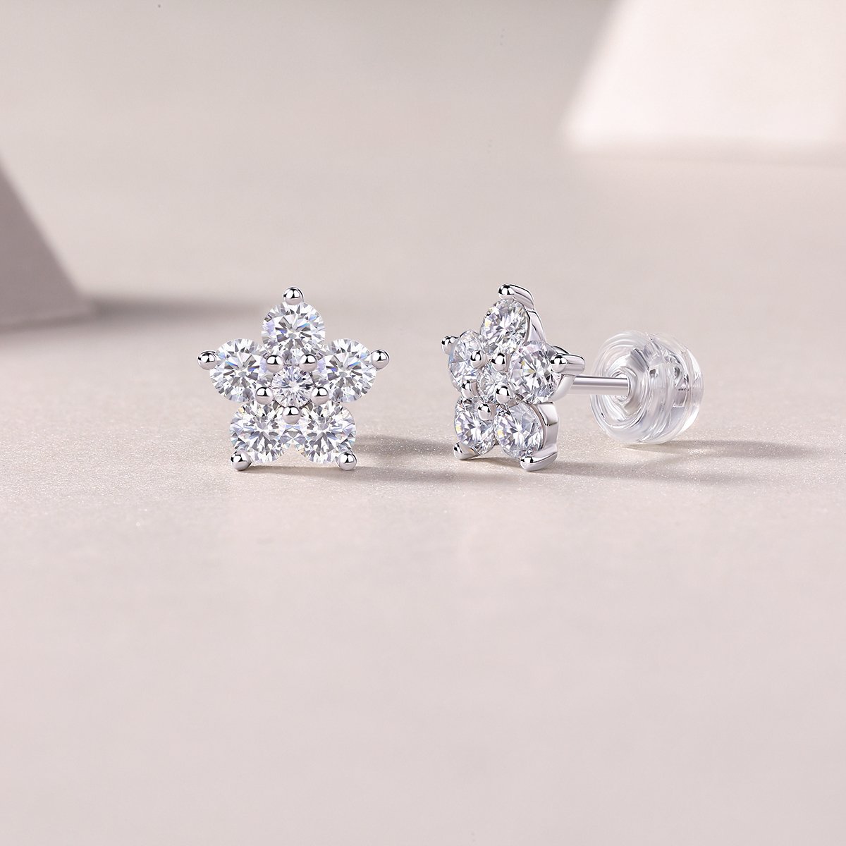 Five-Petal Flower Cluster Moissanite Stud Earrings | 18K White Gold-Plated 925 Silver - Image 3
