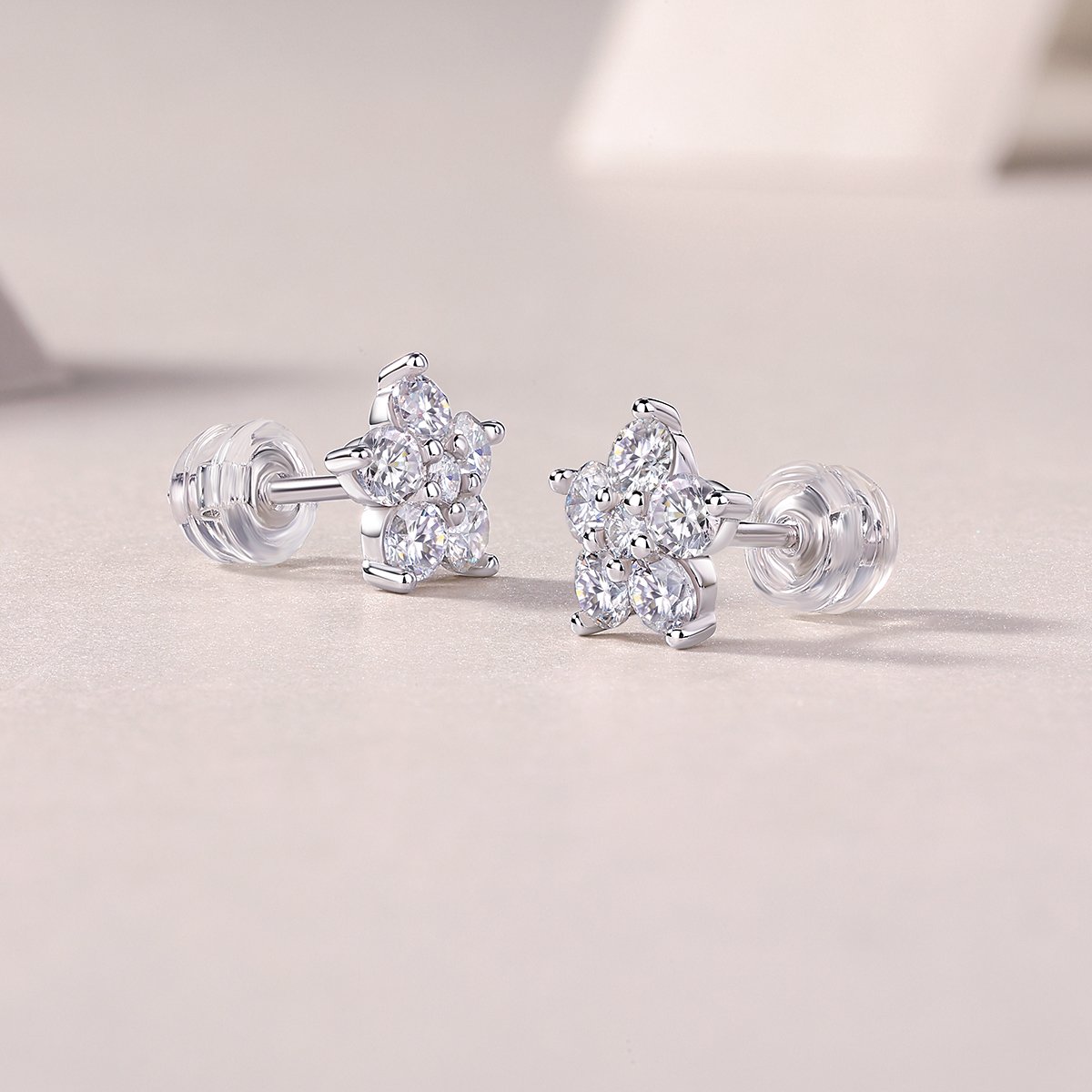 Five-Petal Flower Cluster Moissanite Stud Earrings | 18K White Gold-Plated 925 Silver - Image 4
