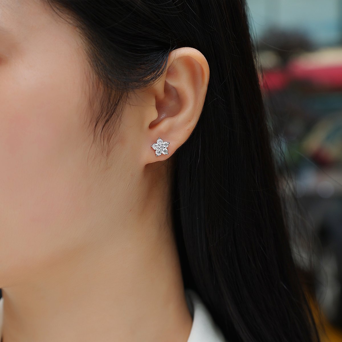 Five-Petal Flower Cluster Moissanite Stud Earrings | 18K White Gold-Plated 925 Silver - Image 5