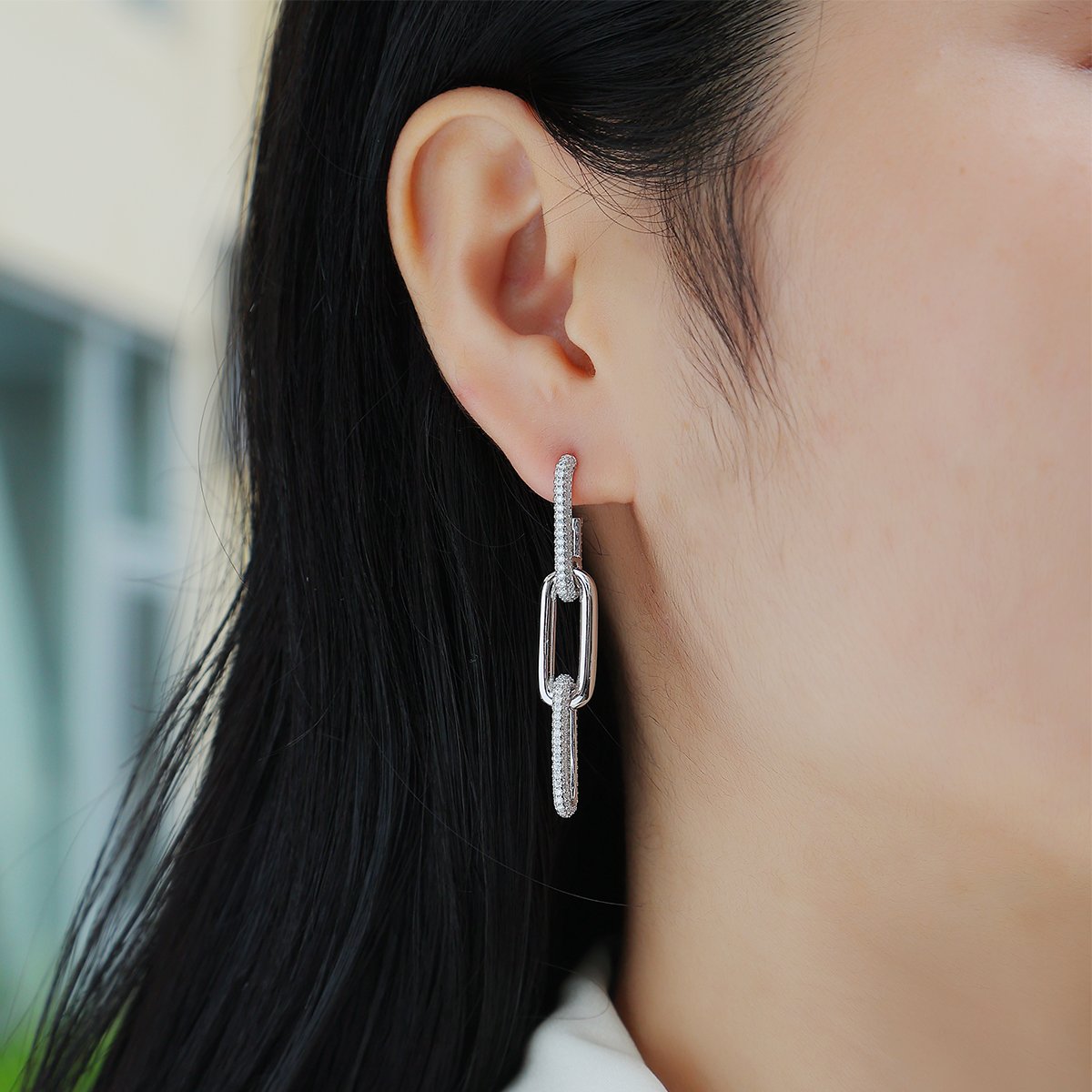 Pave Elongated-Link Moissanite Drop Earrings - Image 5