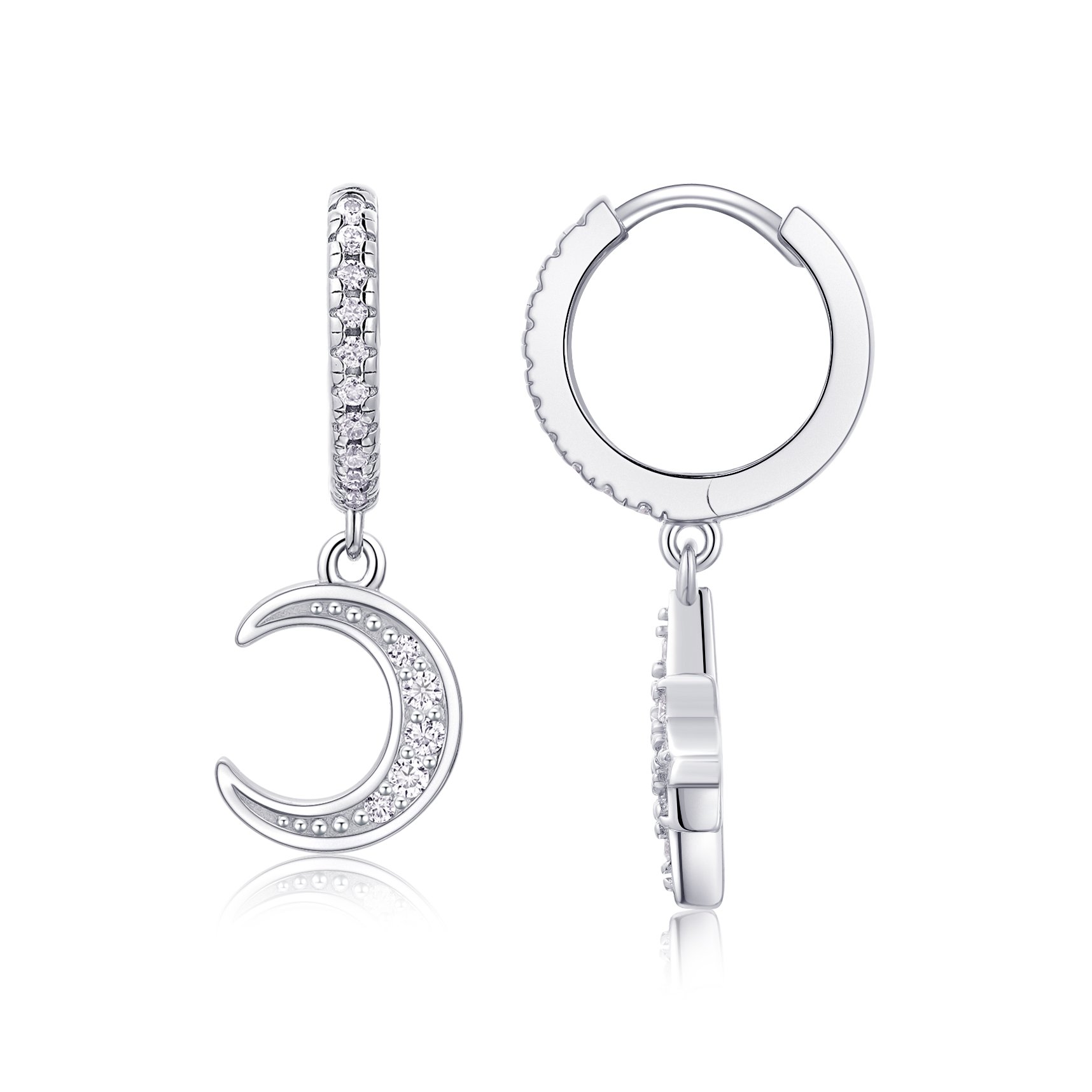 Star and Moon Pavé Moissanite Huggie Drop Earrings | Mismatched Celestial Set - alternate view