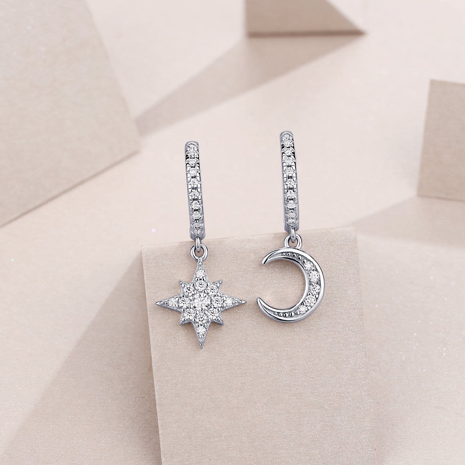 Star and Moon Pavé Moissanite Huggie Drop Earrings | Mismatched Celestial Set - Image 4
