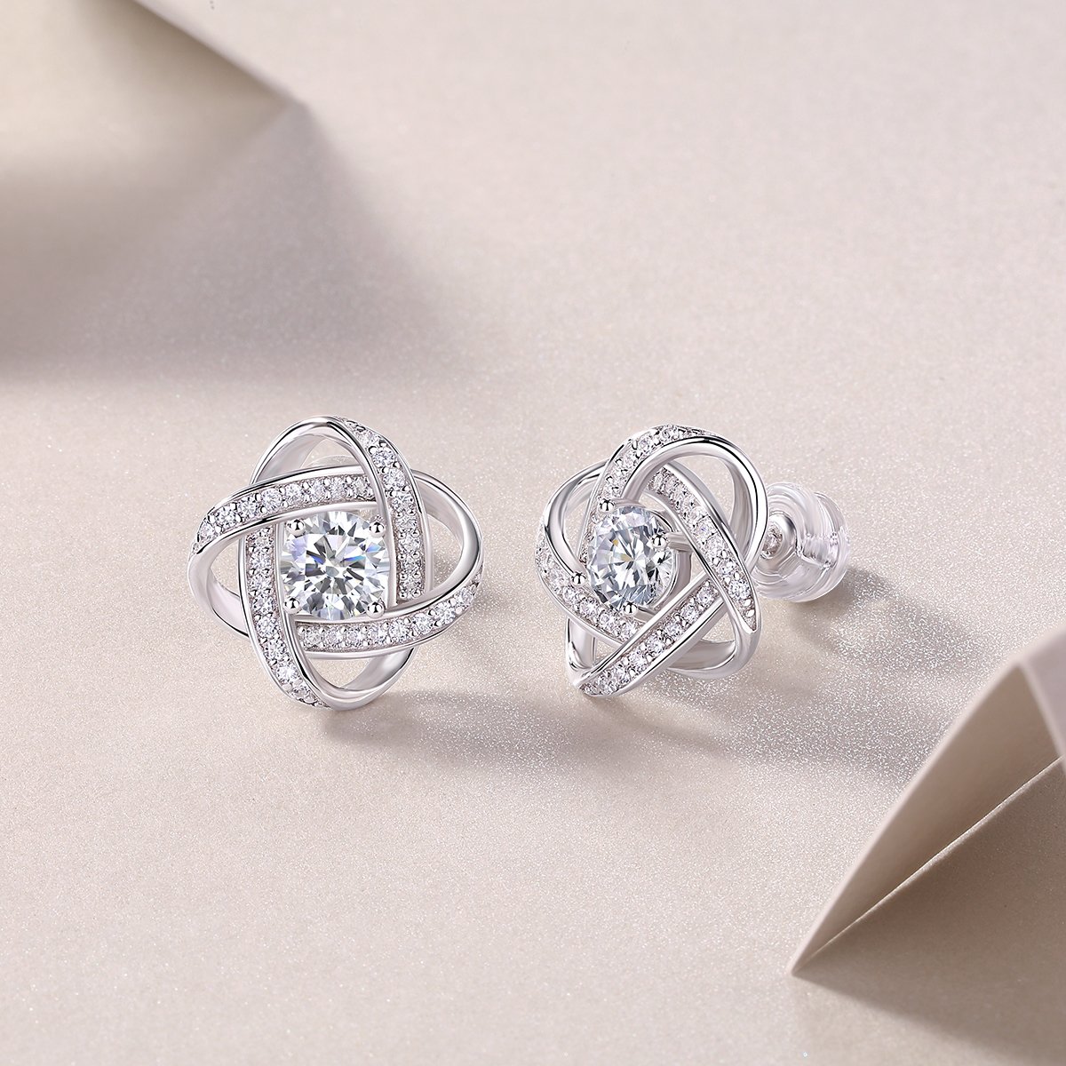 18K White Gold Love-Knot Moissanite Stud Earrings - Image 3