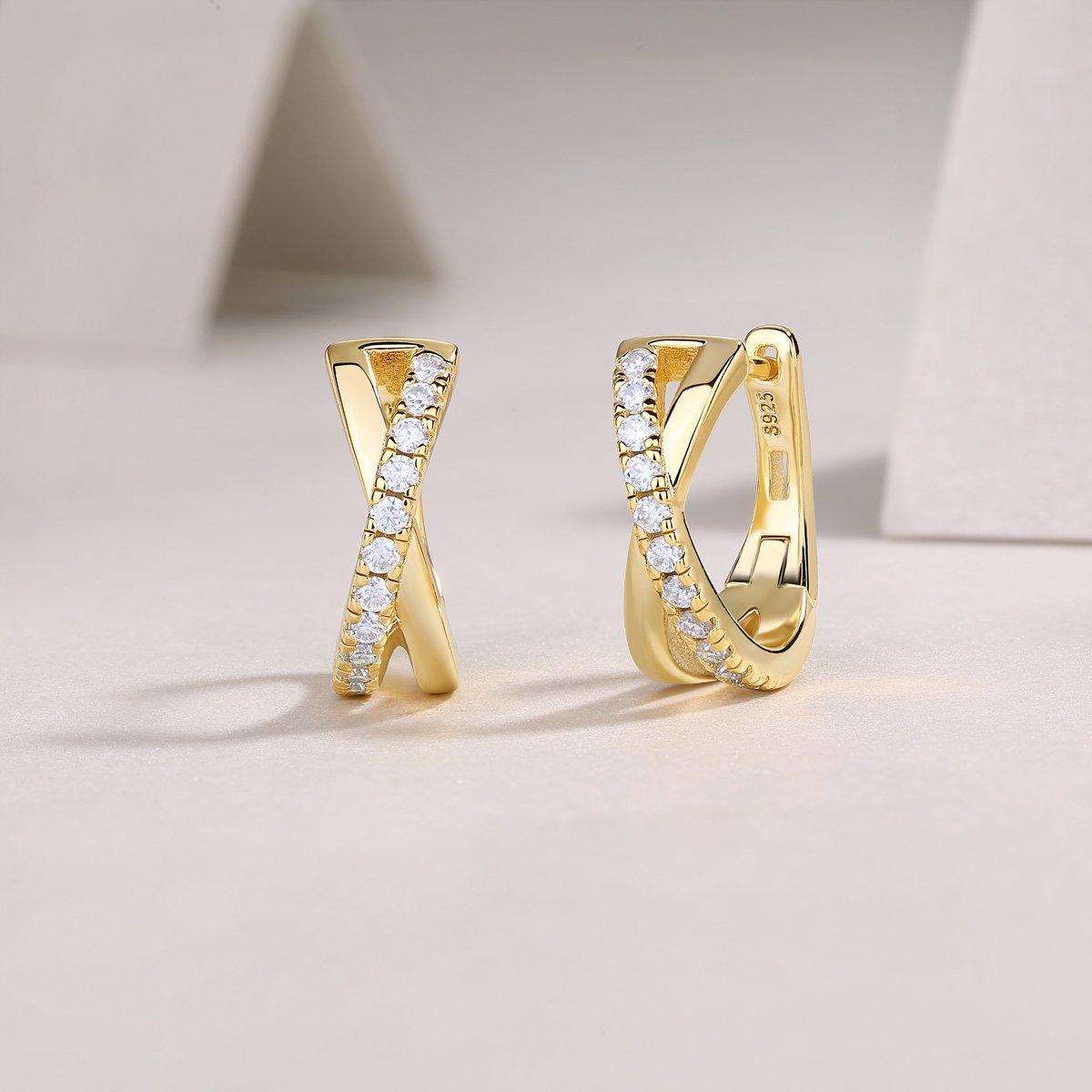 Moissanite Crossover X Huggie Hoop Earrings | Gold Pave - Image 3