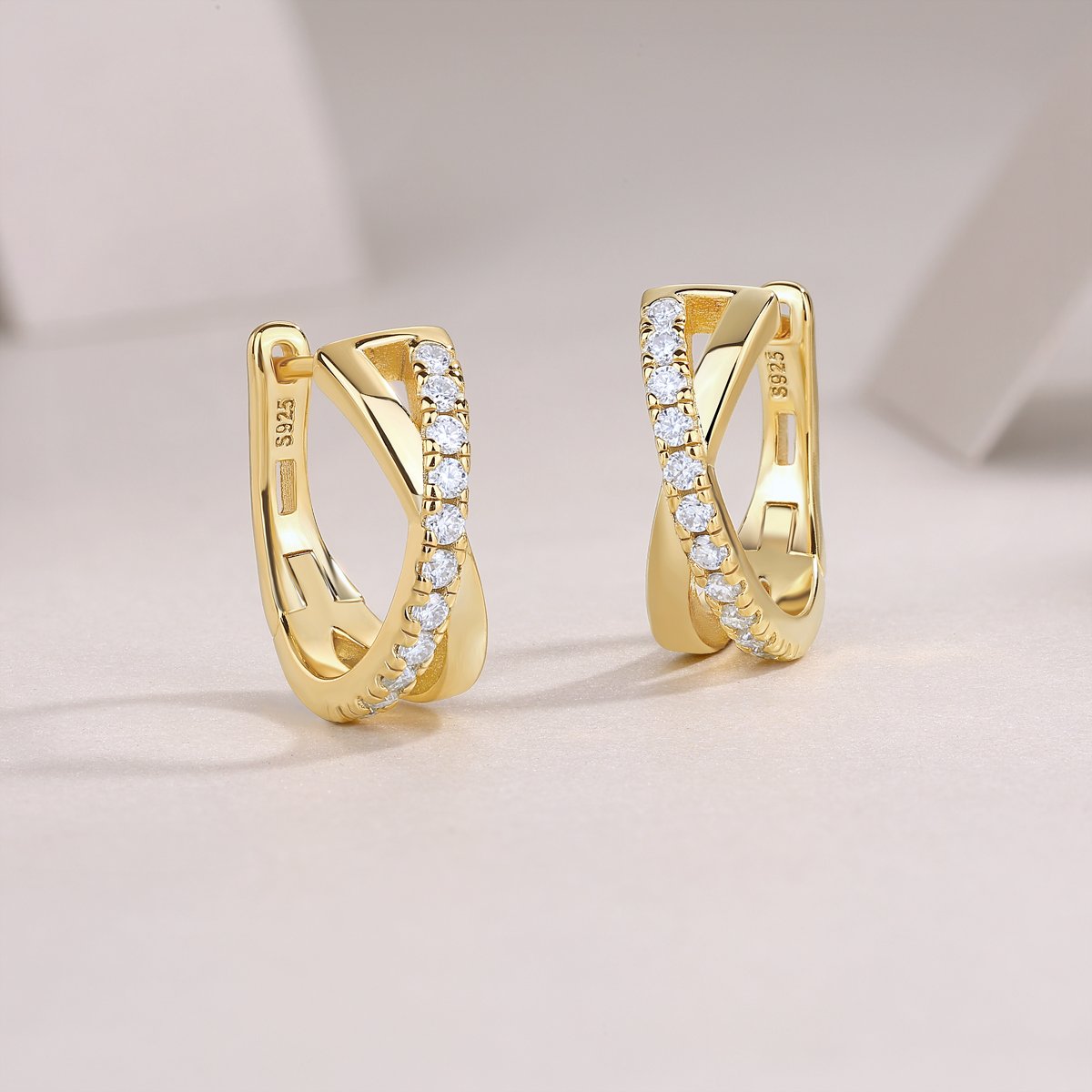 Moissanite Crossover X Huggie Hoop Earrings | Gold Pave - Image 4