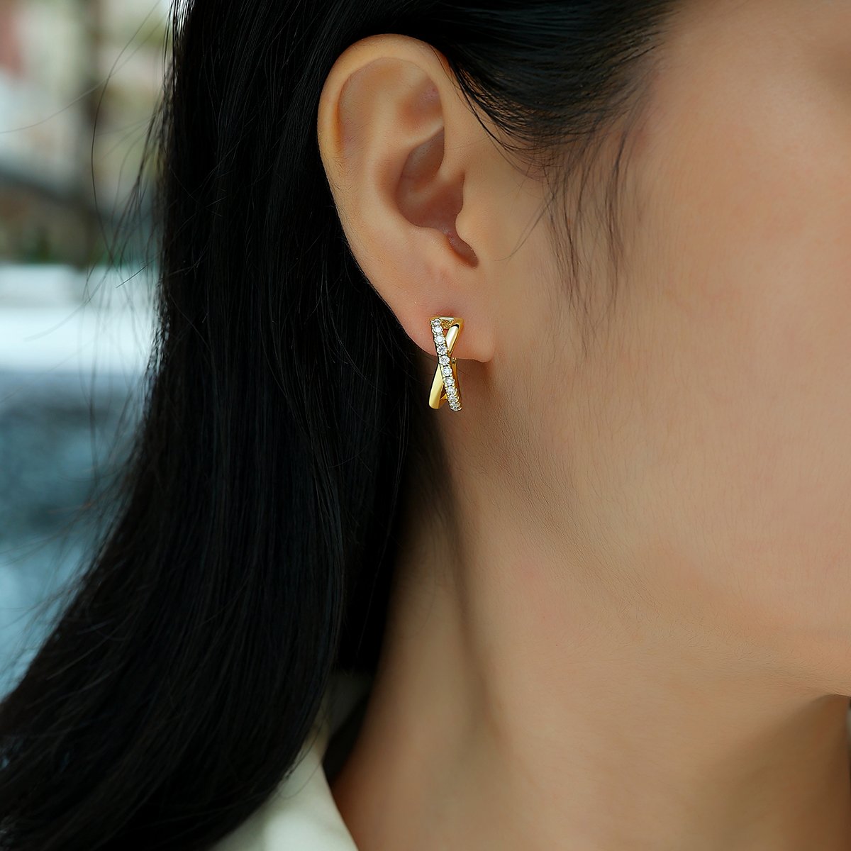 Moissanite Crossover X Huggie Hoop Earrings | Gold Pave - Image 5