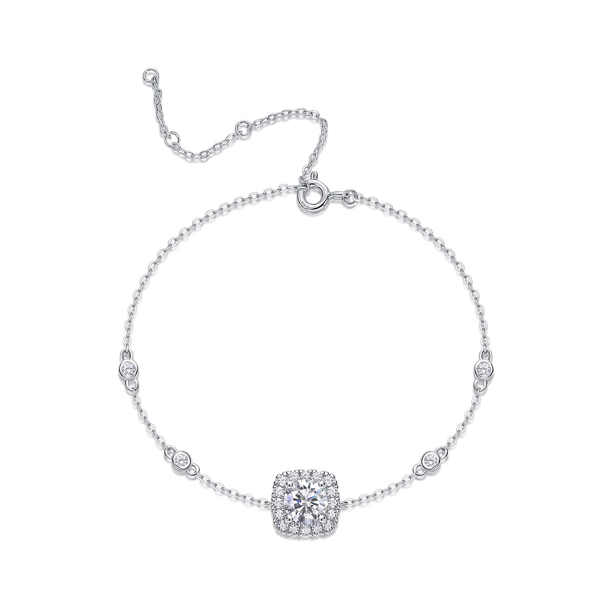 Cushion-Halo Moissanite Station Bracelet | Round Brilliant Center