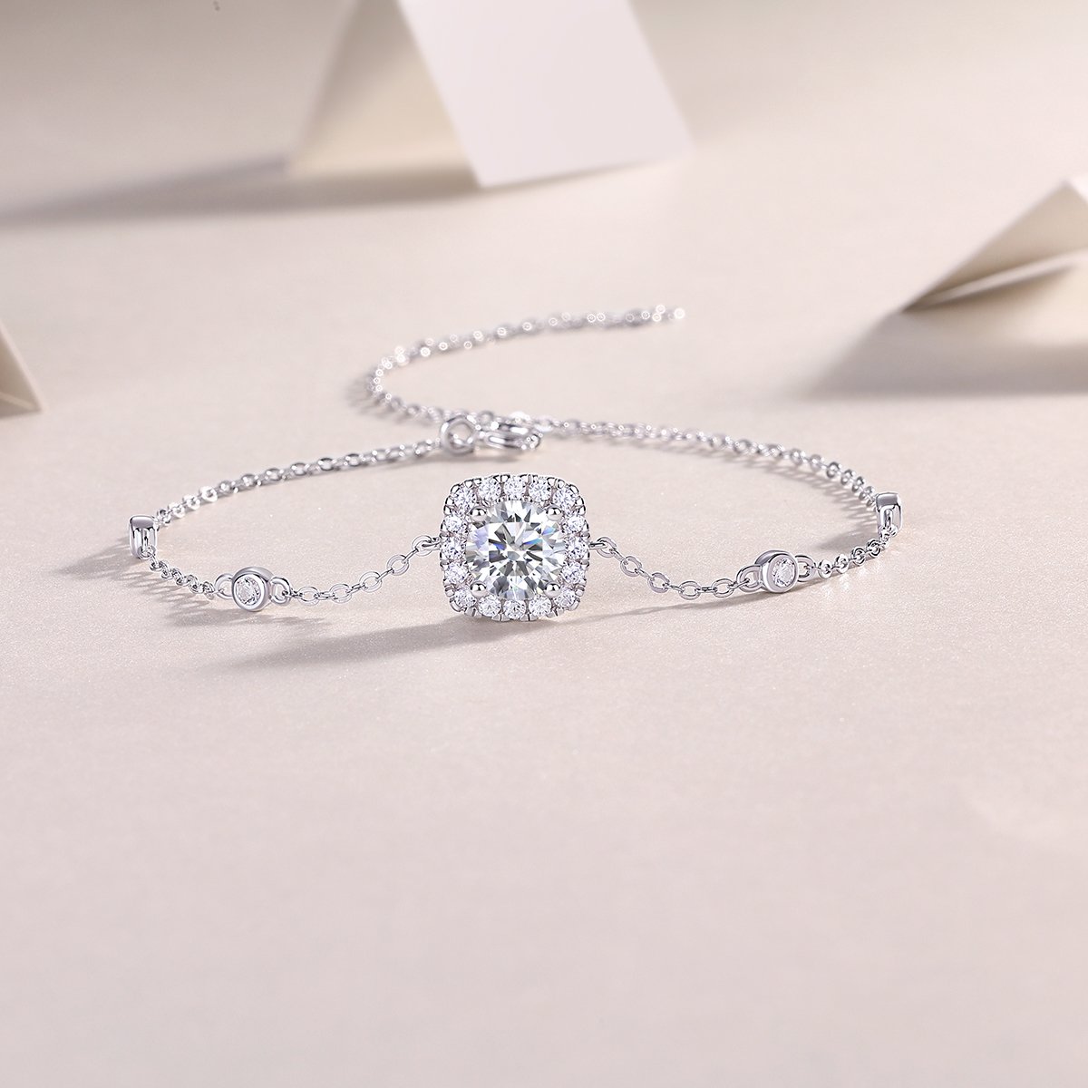 Cushion-Halo Moissanite Station Bracelet | Round Brilliant Center - Image 3