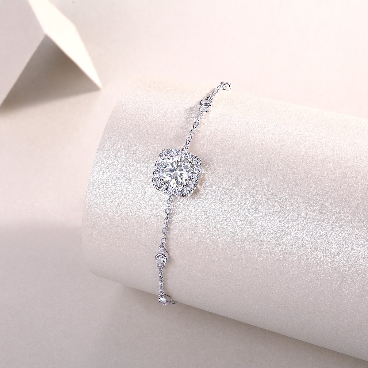 Cushion-Halo Moissanite Station Bracelet | Round Brilliant Center - Image 4