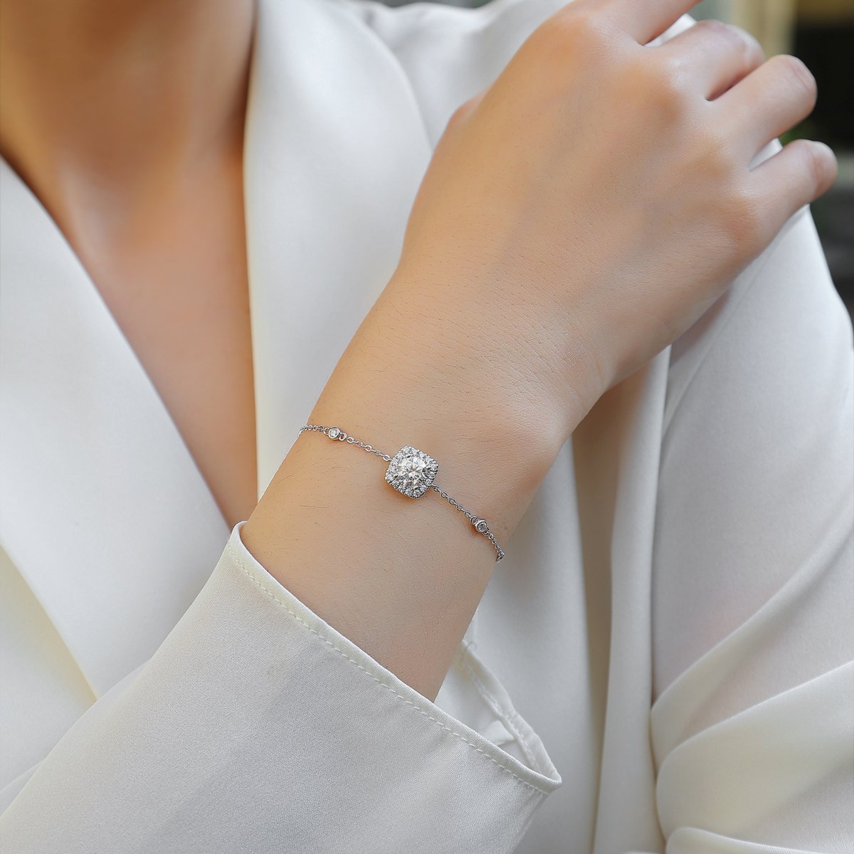 Cushion-Halo Moissanite Station Bracelet | Round Brilliant Center - Image 5