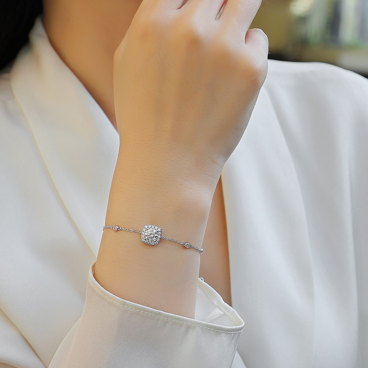 Cushion-Halo Moissanite Station Bracelet | Round Brilliant Center - Image 6