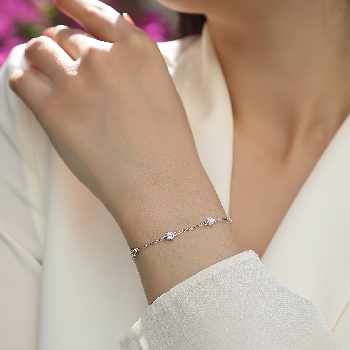 Bezel-Set Moissanite Station Bracelet | 925 Silver | White & Rose Gold - Image 5