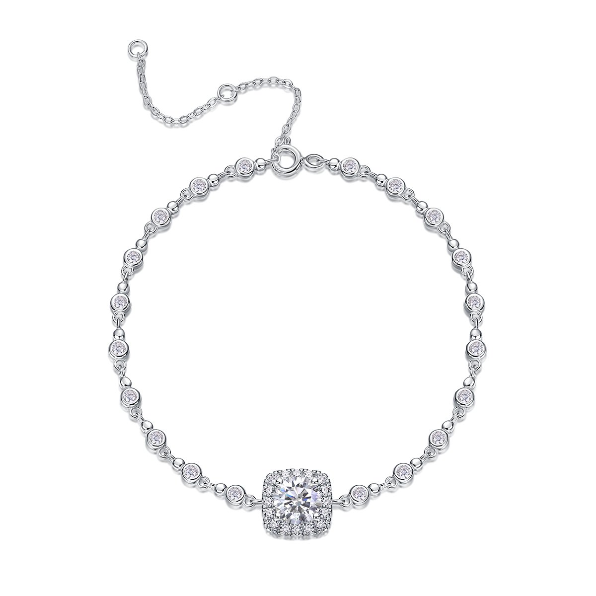 Cushion Halo Moissanite Station Bracelet | 1ct Round Center, 925 Silver