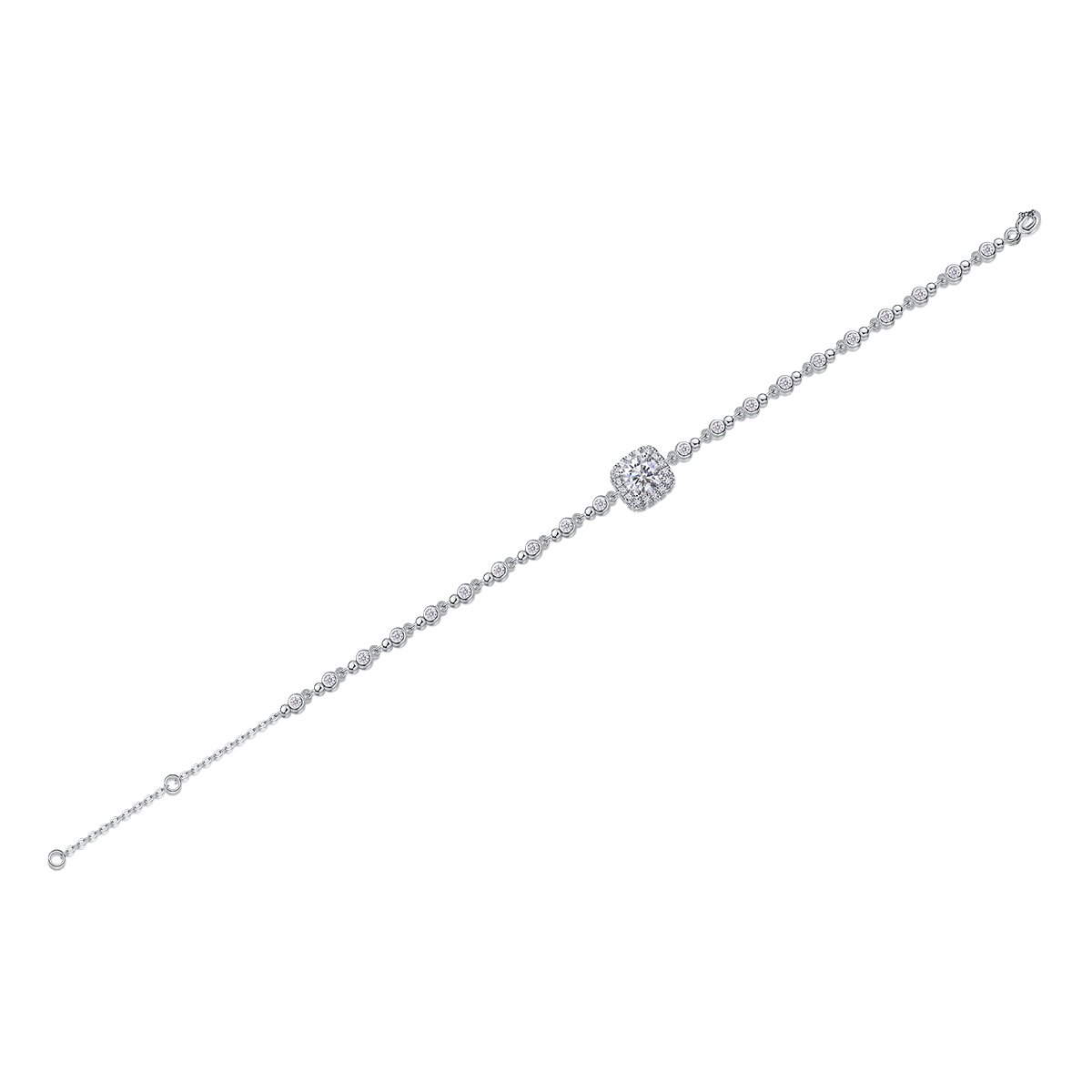 Cushion Halo Moissanite Station Bracelet | 1ct Round Center, 925 Silver - Image 2