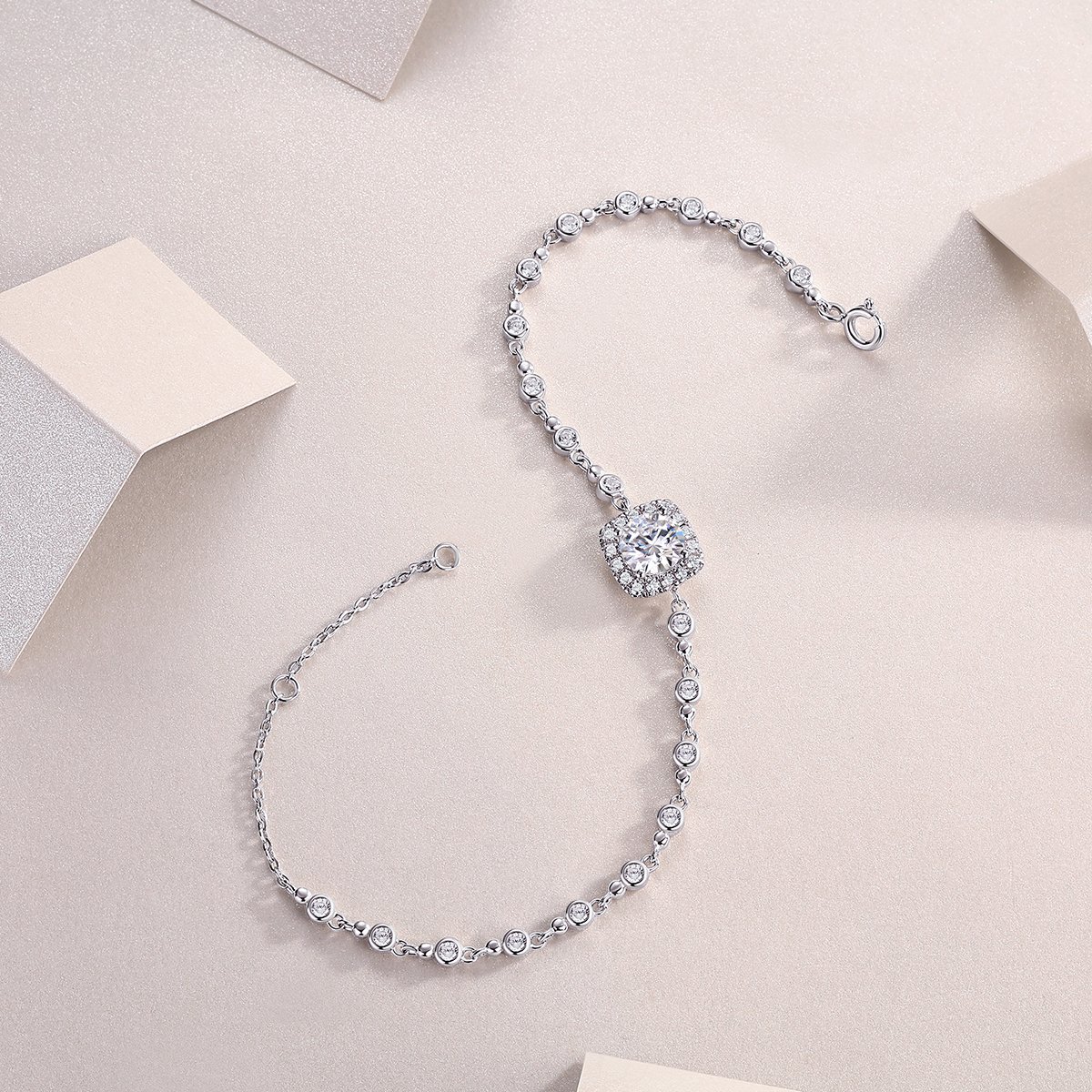 Cushion Halo Moissanite Station Bracelet | 1ct Round Center, 925 Silver - Image 3