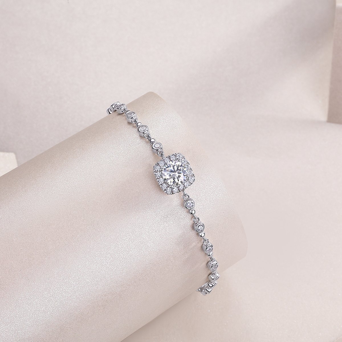 Cushion Halo Moissanite Station Bracelet | 1ct Round Center, 925 Silver - Image 4