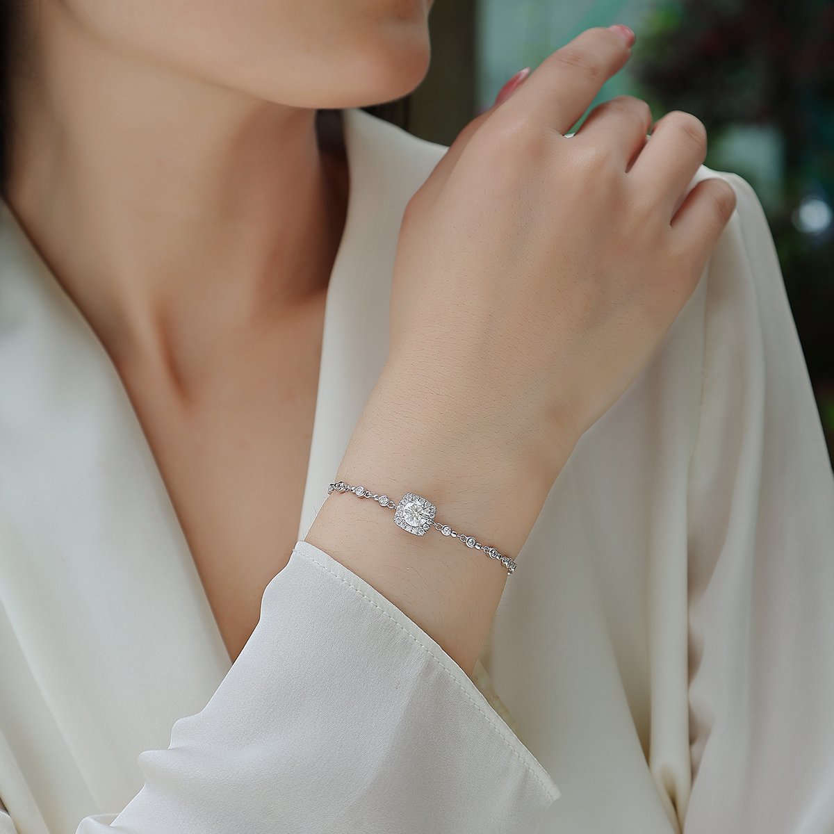 Cushion Halo Moissanite Station Bracelet | 1ct Round Center, 925 Silver - Image 5