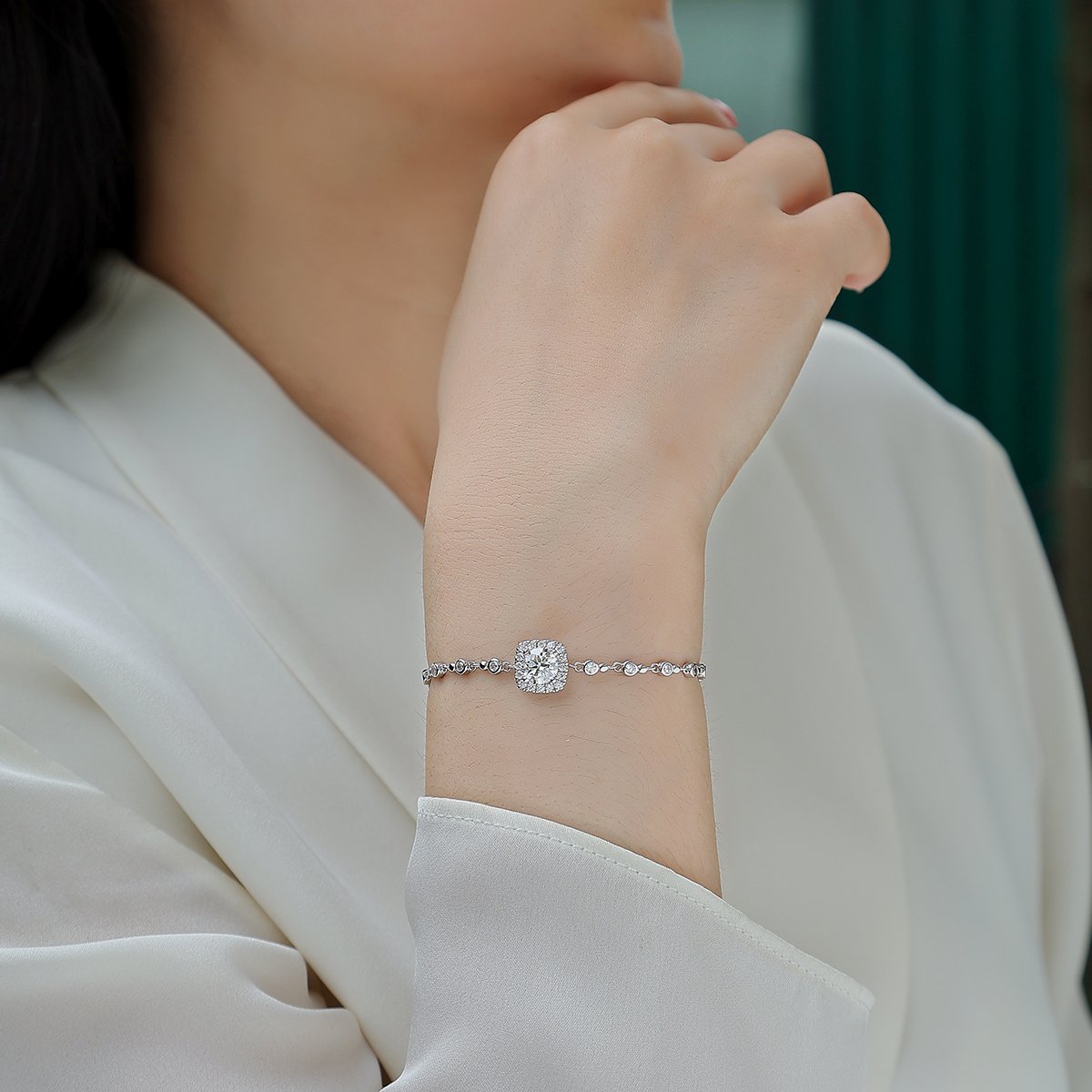 Cushion Halo Moissanite Station Bracelet | 1ct Round Center, 925 Silver - Image 6