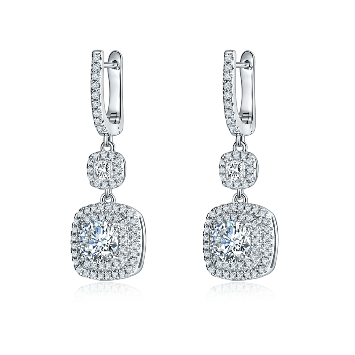 Round Moissanite Double-Halo Cushion Drop Earrings