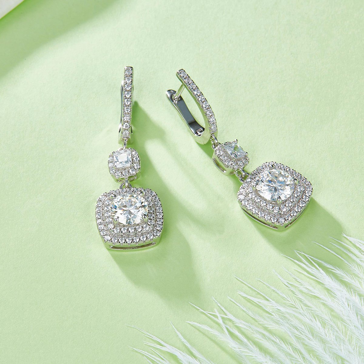 Round Moissanite Double-Halo Cushion Drop Earrings - Image 2