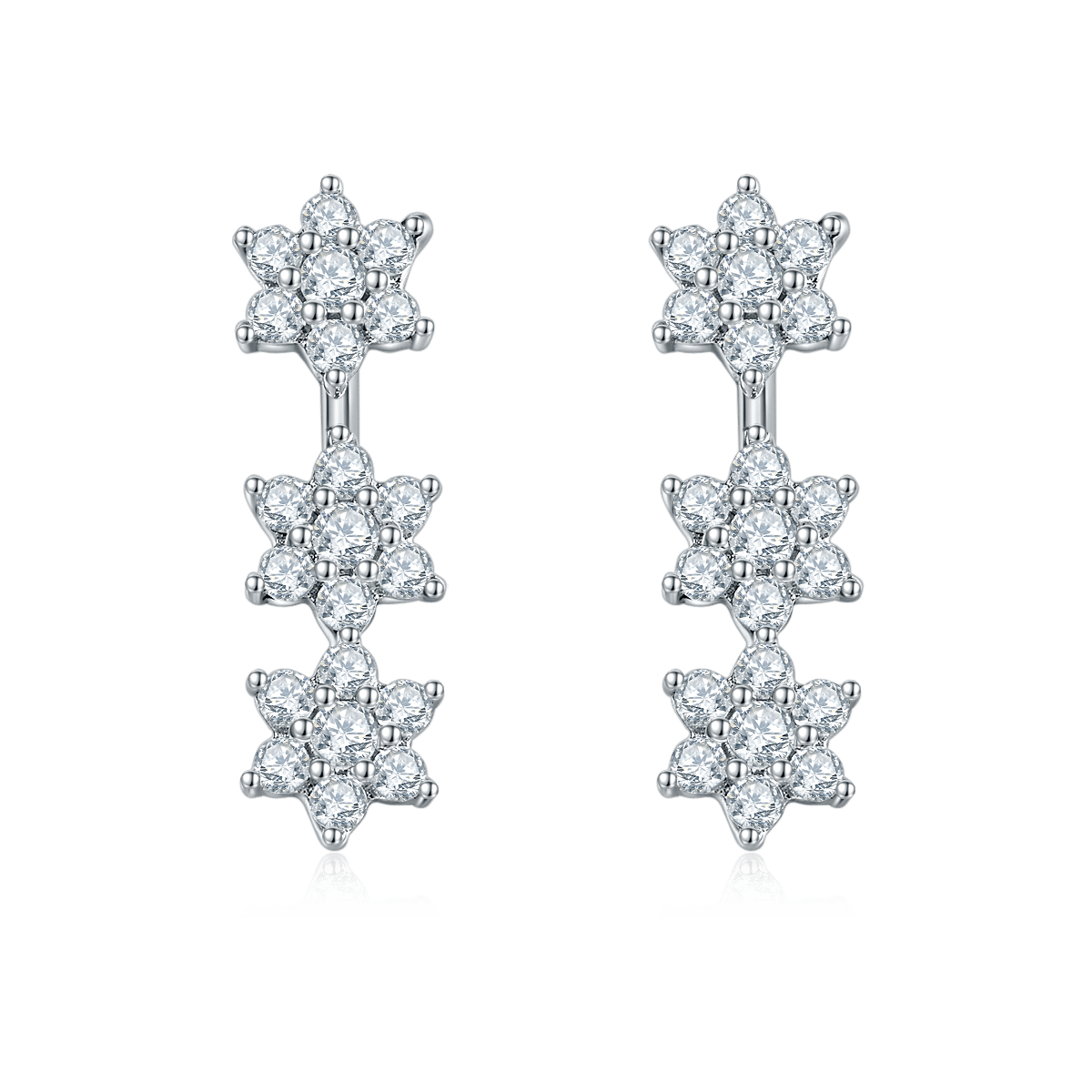 18K White Gold Triple Floral Cluster Moissanite Earrings