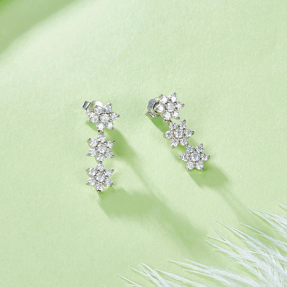 18K White Gold Triple Floral Cluster Moissanite Earrings - Image 2