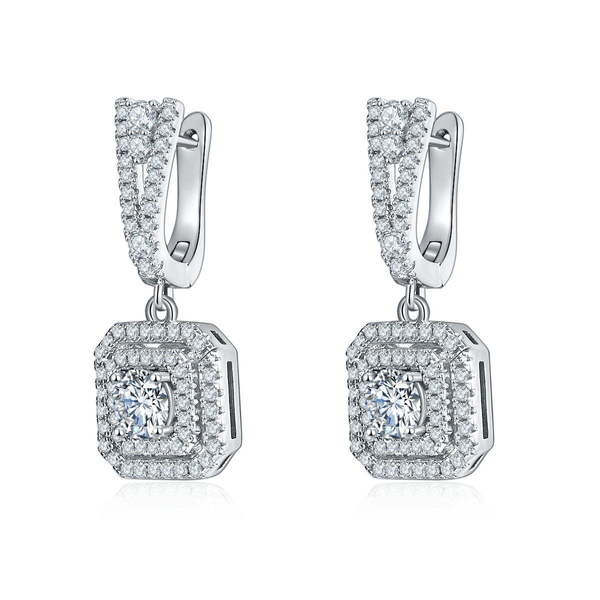 18K White Gold Double-Halo Square Moissanite Drop Earrings
