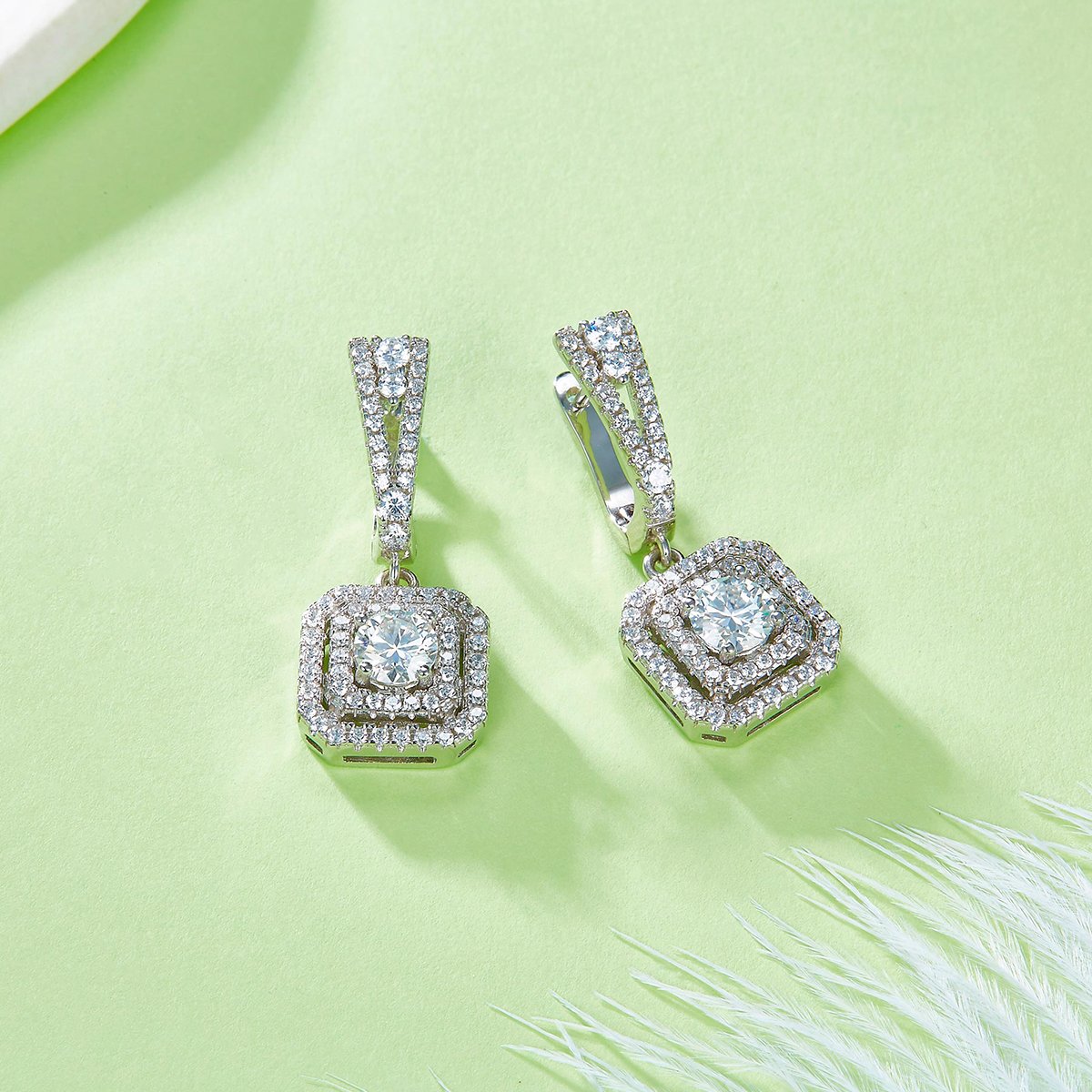 18K White Gold Double-Halo Square Moissanite Drop Earrings - Image 2
