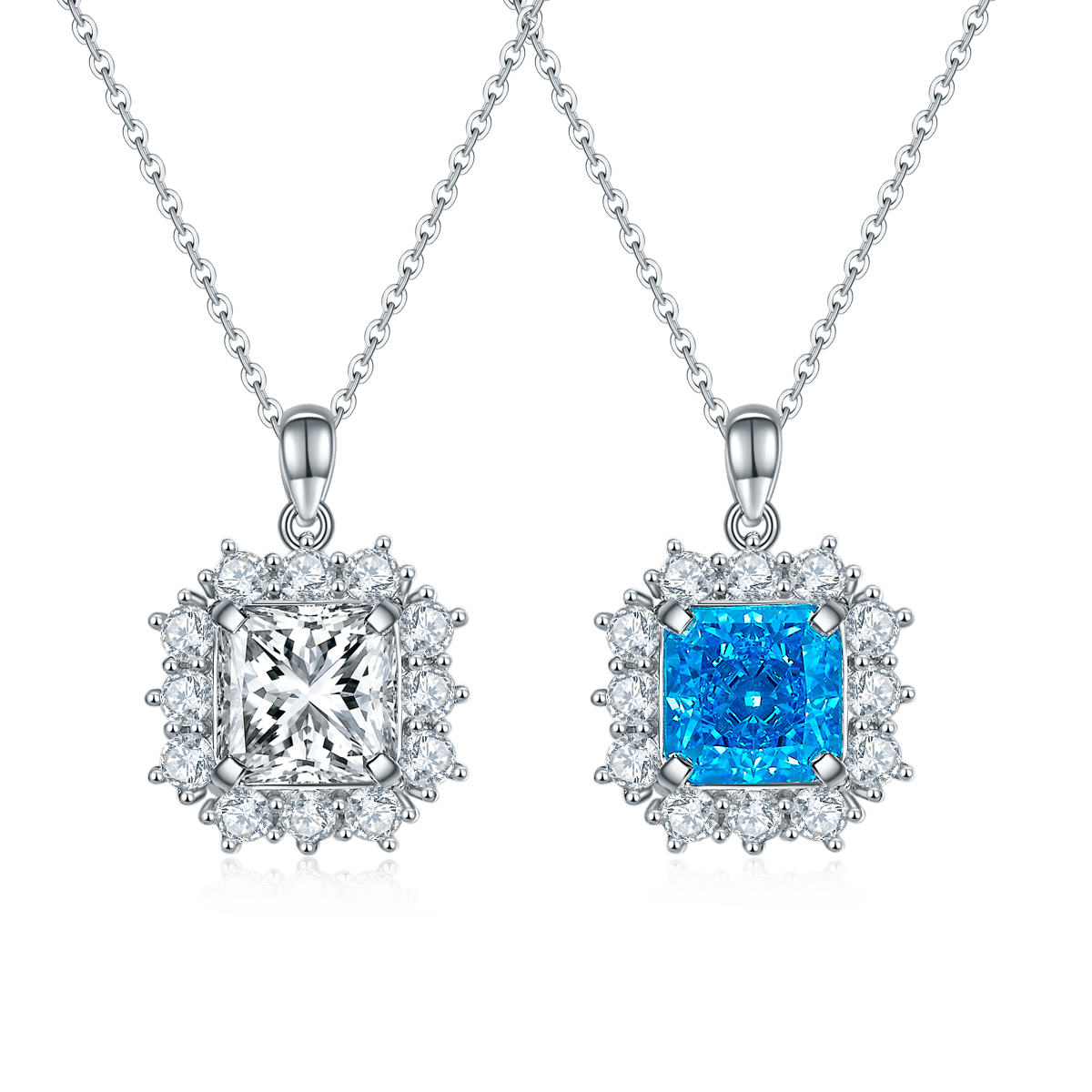 Princess-Cut Moissanite Halo Pendant Necklace | 4ct DEW, White or Aqua, 925 Silver