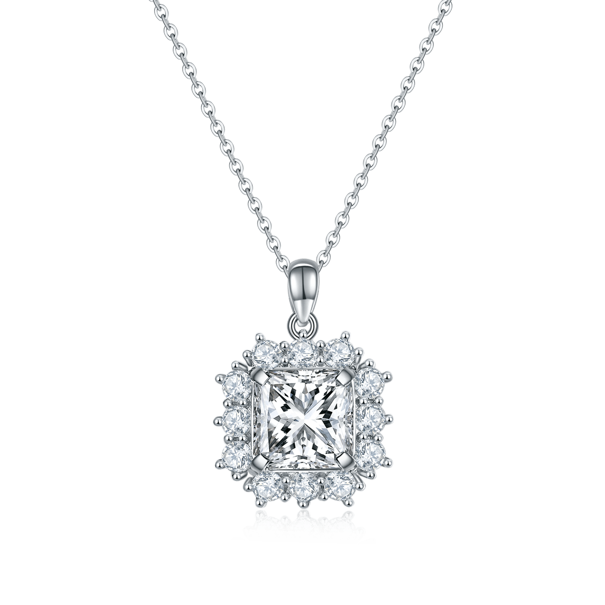 Princess-Cut Moissanite Halo Pendant Necklace | 4ct DEW, White or Aqua, 925 Silver - Image 2