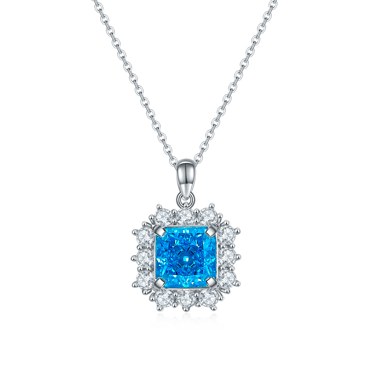 Princess-Cut Moissanite Halo Pendant Necklace | 4ct DEW, White or Aqua, 925 Silver - Image 3