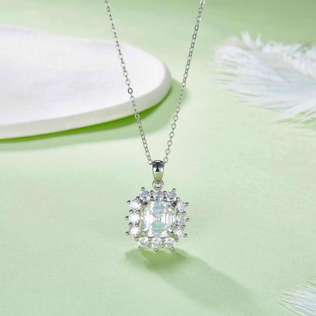 Princess-Cut Moissanite Halo Pendant Necklace | 4ct DEW, White or Aqua, 925 Silver - Image 4