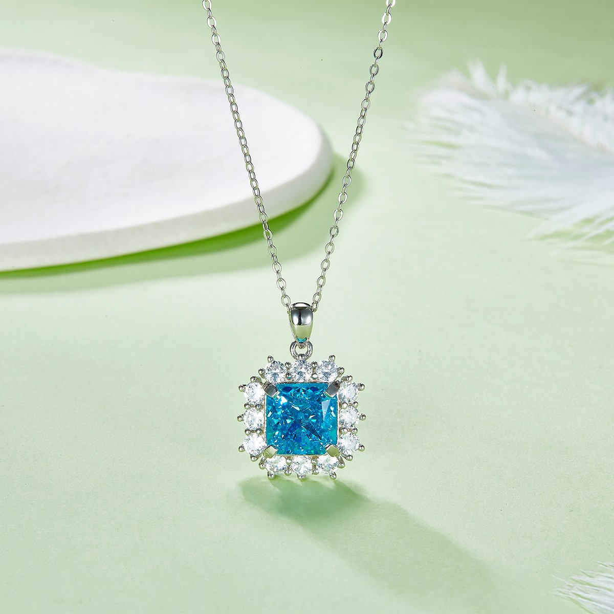Princess-Cut Moissanite Halo Pendant Necklace | 4ct DEW, White or Aqua, 925 Silver - Image 5