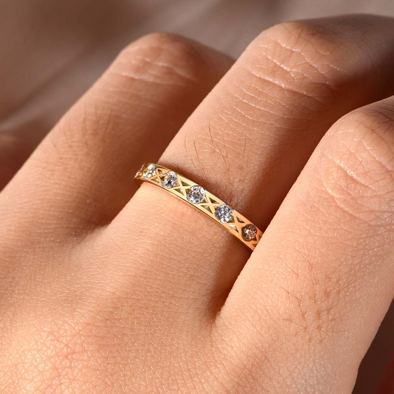 Moissanite Flush-Set Cross-Hatch Eternity Band | 18K Gold-Plated 925 Silver Ring - Image 3
