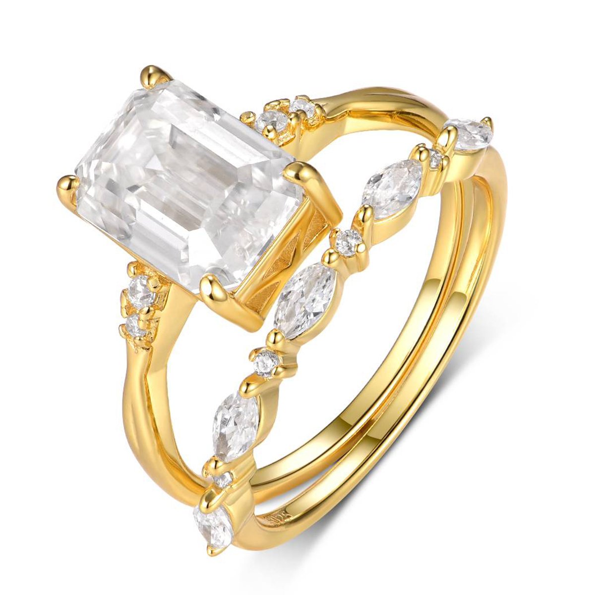 Emerald-Cut Moissanite Bridal Stacking Set | 3.5ct DEW Solitaire + Marquise Band | Gold