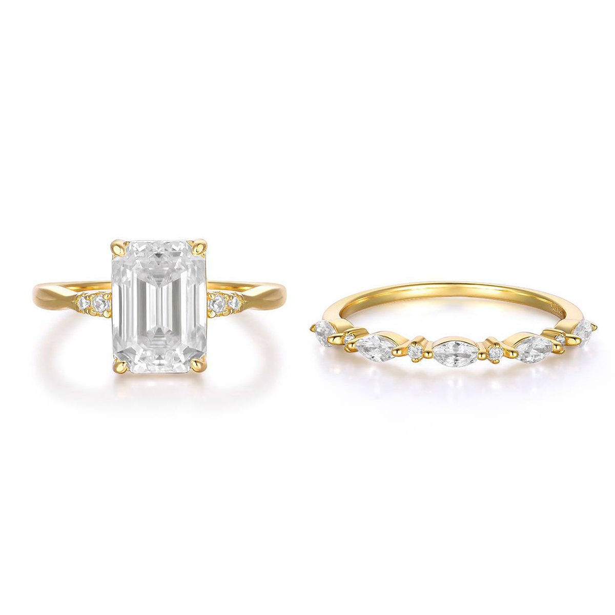 Emerald-Cut Moissanite Bridal Stacking Set | 3.5ct DEW Solitaire + Marquise Band | Gold - Image 2