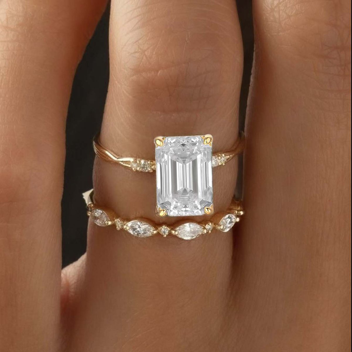 Emerald-Cut Moissanite Bridal Stacking Set | 3.5ct DEW Solitaire + Marquise Band | Gold - Image 4
