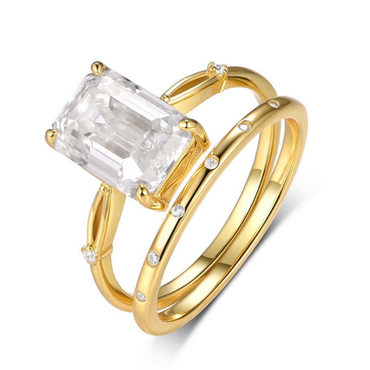 Emerald-Cut Moissanite Solitaire & Accented Band Bridal Set in 18K Yellow Gold