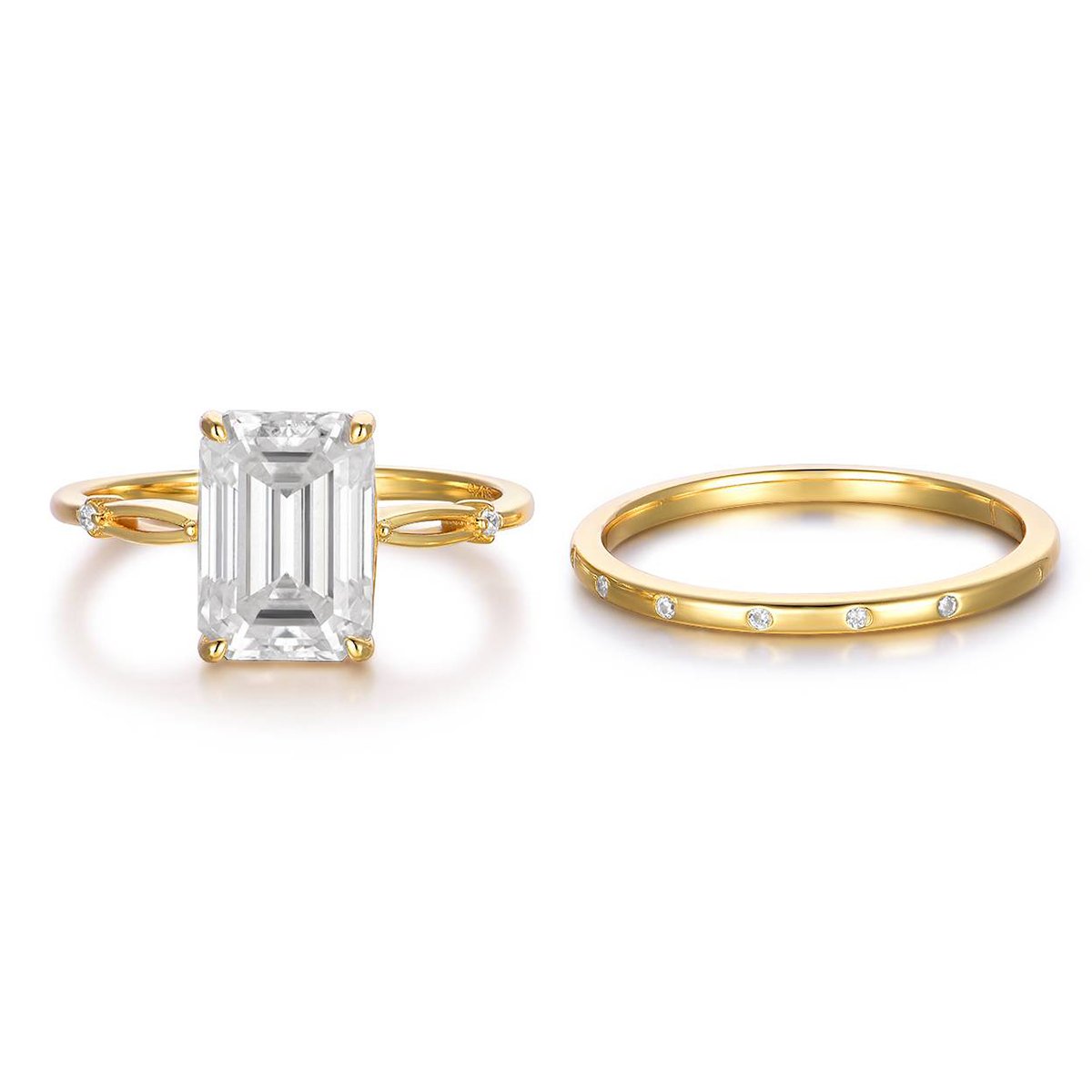 Emerald-Cut Moissanite Solitaire & Accented Band Bridal Set in 18K Yellow Gold - Image 2