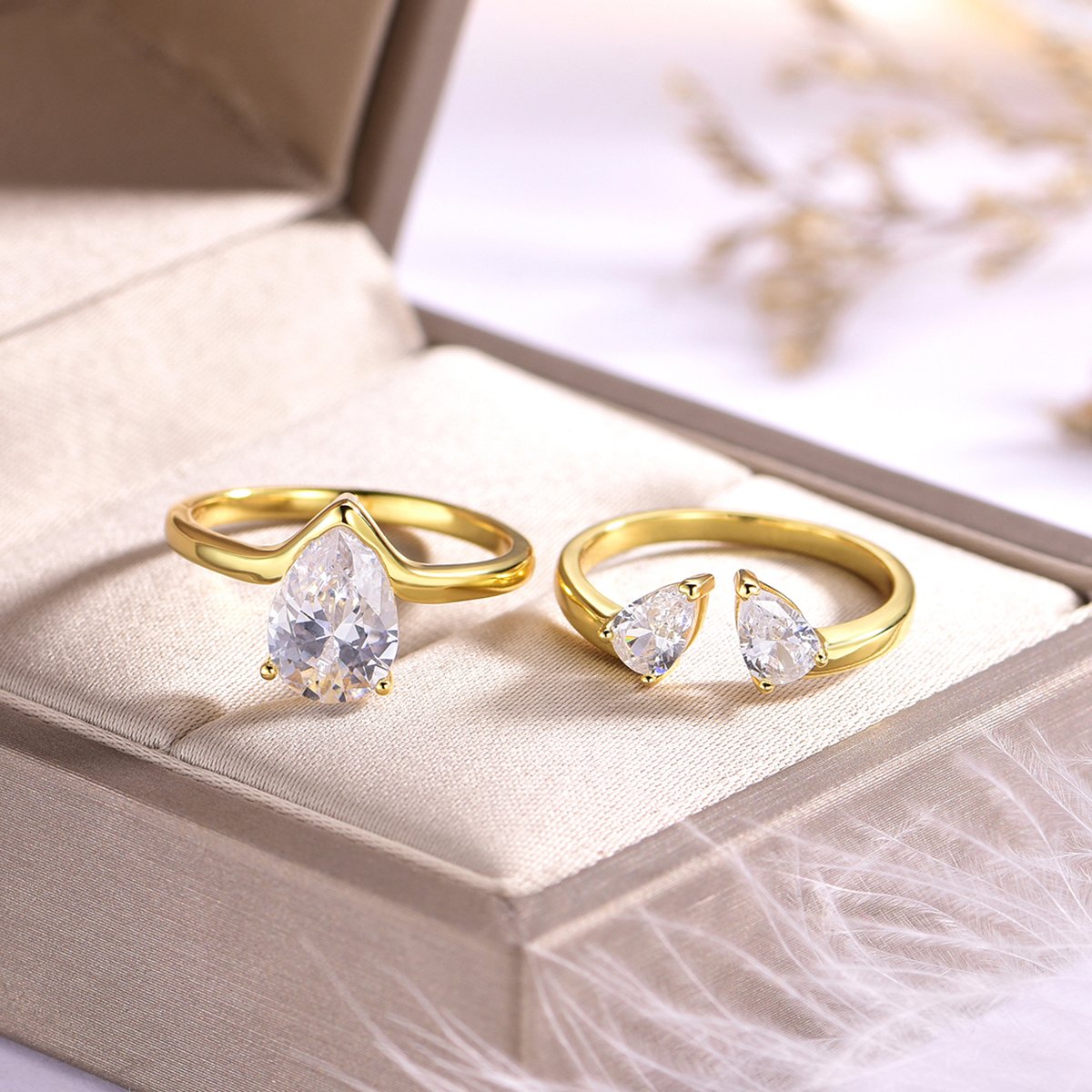 Pear Moissanite Chevron Stacking Ring Set in 18K Yellow Gold Vermeil - alternate view